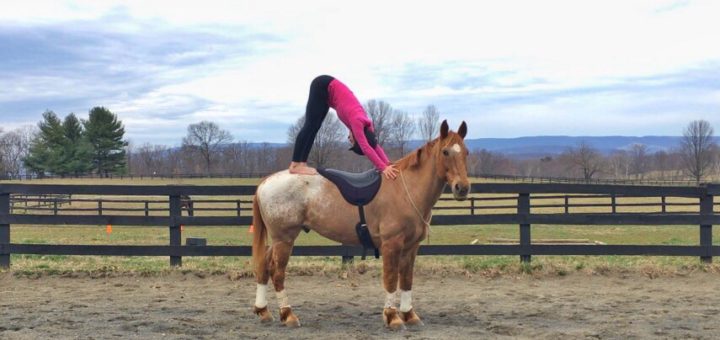 Angela doing yoga on her horse Snowy